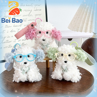 Porte-clés en peluche chien bouclé Kawaii avec oreilles colorées et lunettes, breloque en peluche pour sac à dos de filles, cadeau en gros
