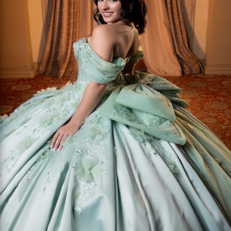 mint green sweet 16 dresses Princess Dress Quinceanera Off the Shoulder Applique Flower Beading Crystal Bow Tulle Party Gowns Viscose Dresses