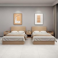 Minimalist Light Wood Twin Hotel Full Furniture Set Flat Headboard Storage Bed Wardrobe Work Desk Complete Guest Room Kit