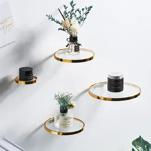 Soporte de estante de pared de hierro y Metal dorado contemporáneo, estante colgante redondo de vidrio creativo para pared, almacenamiento para el hogar, decoración de plantas