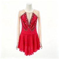 Robe de patinage et de danse rouge pour enfants et adultes, col rond, manches longues en maille, motif en V avec strass, dos découpé, pour compétition et spectacle de patinage sur glace