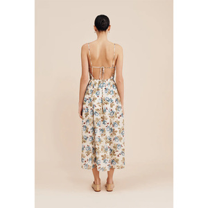 Women's Boho Dress Sexy <strong>Halter</strong> Front Slit Sleeveless Printed <strong>Satin</strong> With Embroidered Craft square Collar - Product Image 6