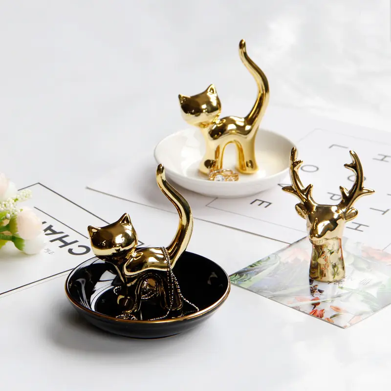 الإبداعية الشمال النمط الأوروبي أسود السيراميك مطلية بالذهب القط لوحة المجوهرات