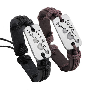 Pulsera de piel de vaca con forma de corazón, regalo para parejas de plata tibetana, joyería unisex, color marrón QNW1085 - Product Image 3