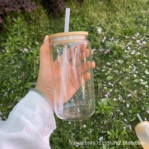 Mason Jar Glass Cup With Bamboo Lid And Straw 500Ml For Coffee Travel Outdoor Use Solid Color Sublimated Design - Product Image 1