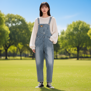 N067 Salopette in denim da donna a vita media, vestibilità ampia, in cotone lavato, stile casual primaverile con tasche - Product Image 2