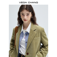 VEGA CHANG Blazer Chic Préppy pour le Bureau, Style Vintage Haute Couture, Imprimé, en Velours Côtelé