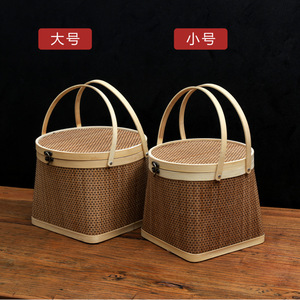 Bamboo Woven Basket With Handle Round Top Square Base Small Size <b>Gift</b> <b>Box</b> For Fruits Eggs Hairy Crabs Mooncakes Rice Dumplings - Product Image 5