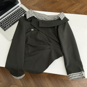 Ensemble deux pièces haut et pantalon haut de gamme <span class=keywords><strong>Youni</strong></span>, style coréen original, à carreaux, manches longues, coupe asymétrique à l'épaule, taille ajustée - Product Image 5