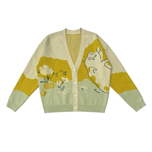 Fresh Color Block <strong>cat</strong> Knit <strong>Cardigan</strong> for Women Yellow Light Green V-neck Loose Casual Literary Style Button Sweater j - Product Image 2