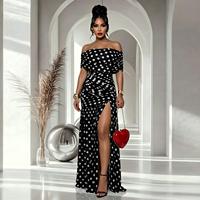 Robe longue sexy à pois pour femme, épaules dénudées, fente haute, plissée, froncée, ajustée aux hanches, pour les fêtes, noir et blanc, vente en gros, personnalisable OEM