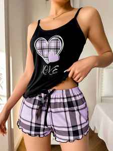 Conjunto de Pijama Informal de Verano para Mujer, Diseño de Lujo, Cintura Elástica, Estampado de Letras, Tirantes, Pantalones Cortos a Cuadros, Ropa de Dormir - Product Image 6