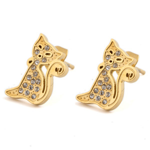 Cat <b>Stud</b> <b>Earrings</b> 304 Stainless Steel Rhinestone Inlay Animal Shape Gift For Women - Product Image 1