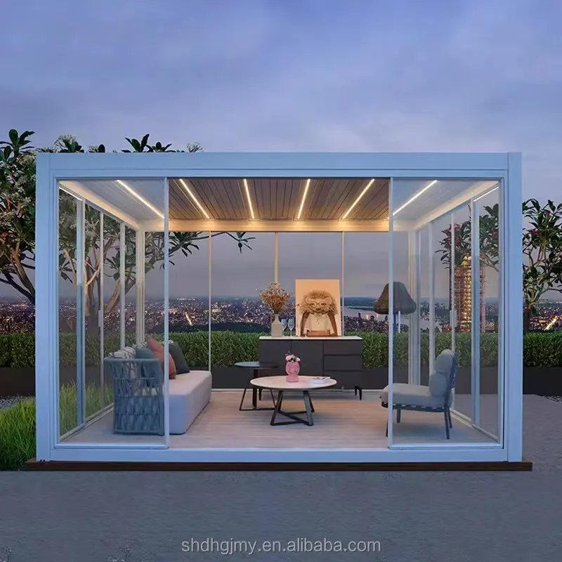 Kustom Modern mewah High-End aluminium Pavilion Pergola dengan pintu kaca geser arsitektur lengkungan punjung & jembatan untuk Teras