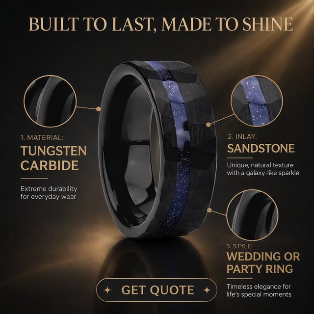 8mm Black Tungsten Carbide Rings Inlay Blue Sandstone Galaxy with Hammered Comfort Fit Wedding Band Fashion Ring for Men Women