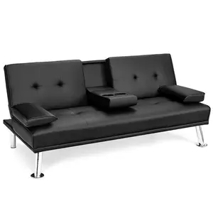 Black Pu Leather Futon With Cup Holder Home Theater Sofa Bed Living Room Furniture