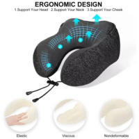 Oreiller de voyage à capuche en velours, soutien cervical en mousse à mémoire de forme en forme de U avec cordon de serrage réglable pour avion et bureau