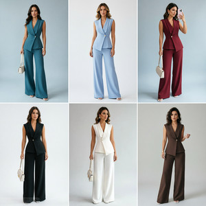 Y9661 Costumes tendance d'été pour femmes, vêtements de bureau, blazer sans manches et pantalon large, ensemble élégant de blazer, 2 pièces, tenues pour femmes - Product Image 2