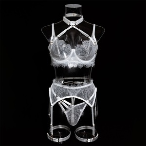 طقم ملابس داخلية رقيقة شفافة للنساء الناضجات مع حمالة جوارب، ملابس داخلية بيضاء شفافة، لانجري أحمر مثير من الدانتيل - Product Image 4