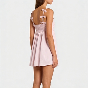 Vestido Mini Personalizado <span class=keywords><strong>con</strong></span> Rayas Rosas para <span class=keywords><strong>Mujer</strong></span>, Tirantes <span class=keywords><strong>con</strong></span> Lazo, Cuello Cuadrado, Corte en A, Cintura Alta, Estilo Elegante, Ropa Casual de Verano - Product Image 3