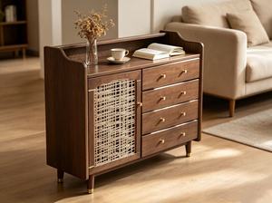 Midcentury Modern Solid Wood Living Room Cabinet with 4 <b>Drawers</b> and Woven Door <b>Storage</b> Furniture <b>for</b> Home Use - Product Image 5