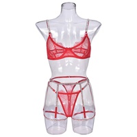 Set Lingerie Erotis 3 Potong untuk Wanita, Bahan Lace Solid Transparan dengan Hiasan Batu, Bra, Celana Dalam, dan Half-Slip untuk Wanita Muda