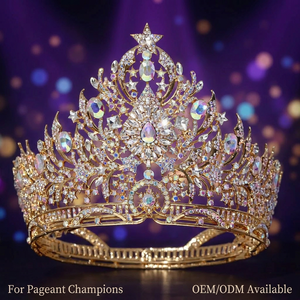 Couronne de Reine des Champions du Monde en Or Plaqué, Modèle Rond Complet, avec Cristaux AB, Tiara de Miss Univers pour Mariage - Product Image 1