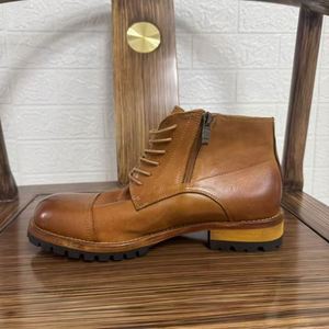 Bottes de travail montantes pour hommes en cuir de cheval véritable, délavées, rétro, faites à la main, haut de gamme, à triple articulation - Product Image 2
