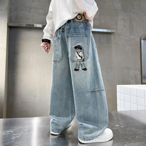 Jeans en denim souple décontractés à jambe droite pour garçons, <span class=keywords><strong>taille</strong></span> élastique respirante, délavage sable, pour enfants et adolescents, printemps-automne - Product Image 2
