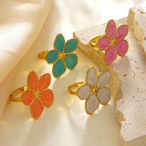Fashion New Arrival Colorful Drip Enamel Flower <b>Ring</b> Niche Retro Luxury Versatile Stainless Steel Titanium Steel <b>Finger</b> <b>Ring</b> - Product Image 1