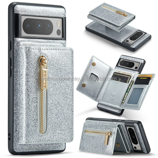 Magnetic Detachable Glitter Leather Wallet Case Zipper 3 Fold Anti-fall Stand Cover for Google Pixel 6 6A 6Pro 7 7A 7Pro 8 8Pro