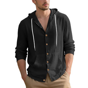 Cárdigan con Capucha de Manga Larga para Hombre, Estilo Europeo, Color Sólido, Algodón y Lino, Casual, Transpirable, con Botones y Dobladillo Redondo - Product Image 6