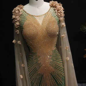 Vestido de noche con cuentas de lujo con manga de capa 3D flores marrón vestidos formales para mujer boda Lsz022 - Product Image 5