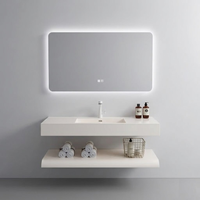 Lavabo mural en pierre artificielle Corian moderne avec égouttoir et miroir, étagère de salle de bain