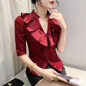 Nouvelle collection printemps : T-<span class=keywords><strong>shirt</strong></span> <span class=keywords><strong>chic</strong></span> pour <span class=keywords><strong>femme</strong></span> à col en V profond et dentelle, manches mi-longues, design <span class=keywords><strong>original</strong></span> - Product Image 1
