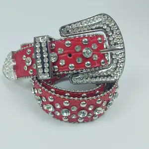 Designer Kruis Op De Rode Leren Riem Glanzende Diamant Western Cowgirls Bling Grote Gesp Steentjes Riem Mannen