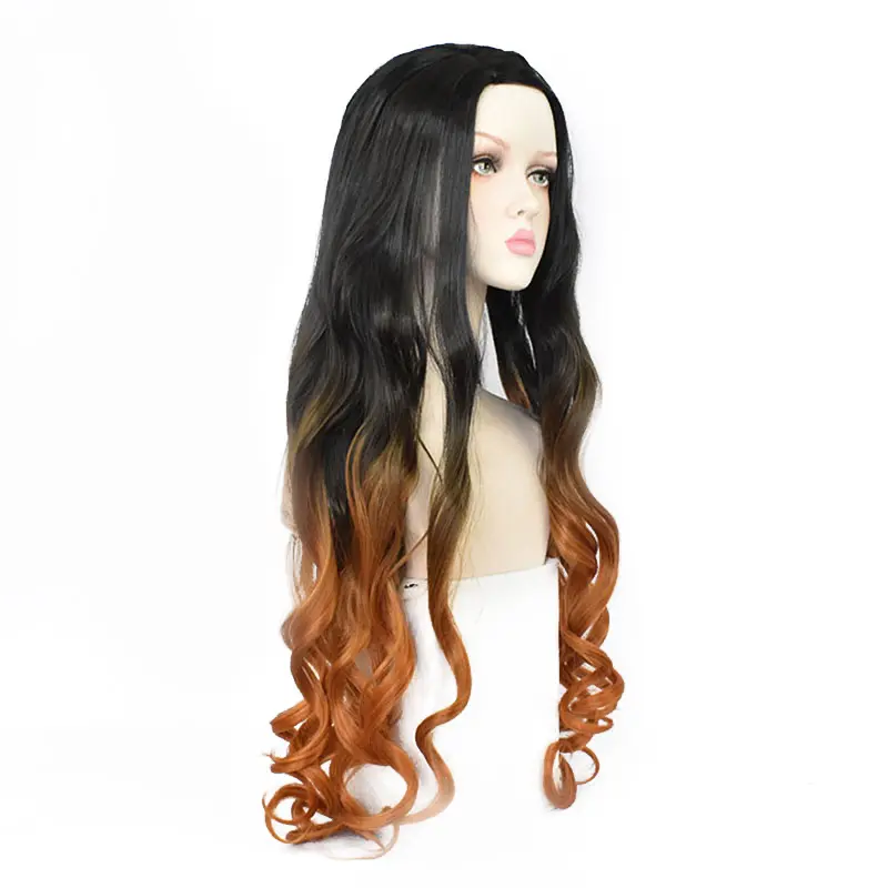 COS High Temperature Silk Black Gradual Orange Long Curly Hair PartialにBig Scalp Girl Party Wig