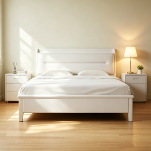 Minimalist White Upholstered <b>Queen</b> <b>Bed</b> <b>Frame</b> with Faux Leather and Storage Drawers - Product Image 1