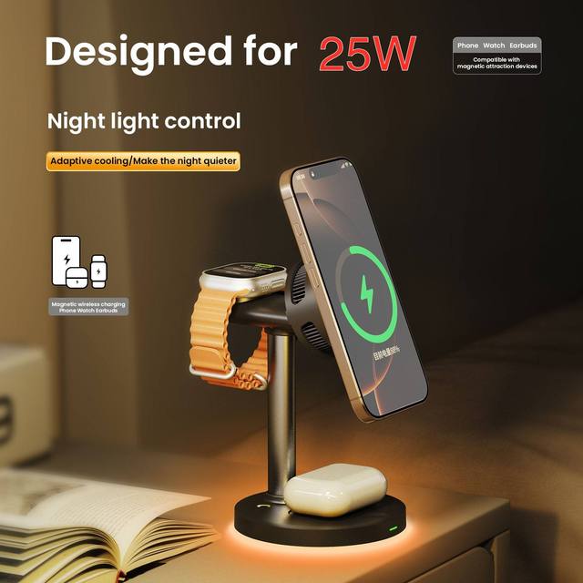 New 25W .2 4-in-1 Charging Station with TEC Active Cooling Night Light Magnetic Fast Wireless Charger Stand PC Material