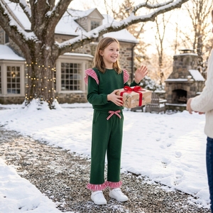 Ensemble décontracté en coton pour bébés filles, haut à manches longues à volants et pantalon à poches, imprimé pour l'automne et les fêtes, vente en gros, boutique, sans minimum de commande - Product Image 2