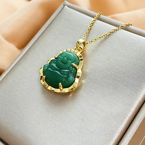 Collar con Colgante de Buda <span class=keywords><strong>Maitreya</strong></span> Étnico, Sonriente y Feliz, de Jade Verde, con Gran Vientre, en Acero Inoxidable 316L, Chapado en Oro de 18k - Product Image 6