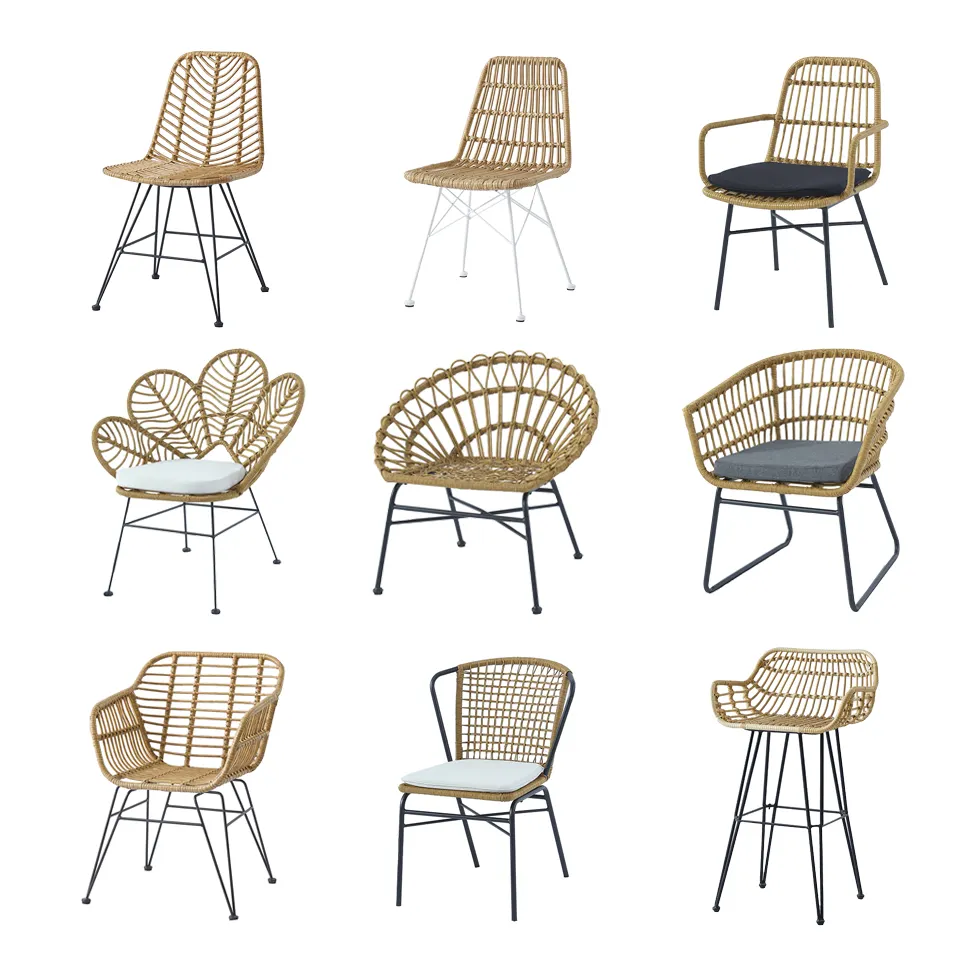 आधुनिक आउटडोर गार्डन फर्नीचर बालकनी बिस्ट्रो आँगन कुर्सियाँ पे विकर रतन बुना कुर्सी