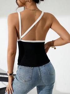 OEM Custom Logo Wholesale Ribbed Knit Cotton Black <strong>White</strong> Color Block Casual Asymmetrical <strong>Backless</strong> Women's Slim Fit Tank <strong>Top</strong> - Product Image 2