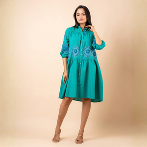 Vestido Corto de Lino Elegante de Primera Calidad, Bordado, con Fruncido Frontal, Casual para Mujer - Product Image 3