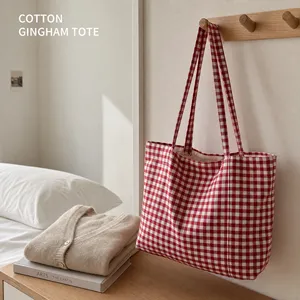 Bolsa de Mano Reutilizable a Cuadros con Logotipo Personalizado, Bolsa de Compras Diaria, Bolsa de Algodón Gingham - Product Image 2