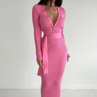 MOTE-ACE0056 nouvelle mode col en v tricoté femmes moulante taille hiver chaud Maxi robe de haute qualité