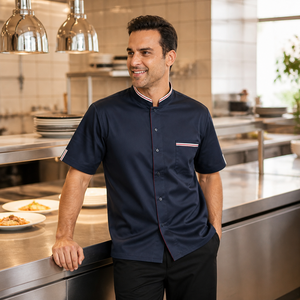Veste de chef à manches courtes pour homme, bleu marine, col montant, simple boutonnage, uniforme de cuisine pour restaurant, café, hôtel, logo personnalisé - Product Image 1