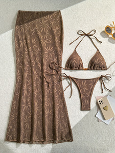 Floral Crochet 3 Piece <b>Bikini</b> Set Triangle Halter Tie-Side Swimsuit Maxi Cover-Up <b>Skirt</b> Women Beach Front Quick-Dry Wholesale - Product Image 3