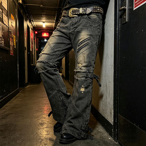Jeans évasés noirs personnalisés Yaolin pour hommes, <span class=keywords><strong>en</strong></span> denim <span class=keywords><strong>déchiré</strong></span> de poids moyen, avec boutons à nœud, fermetures éclair et languettes latérales, service OEM, MOQ - Product Image 4