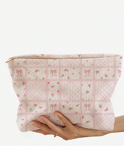 Bolsa de Cosméticos con Estampado de Lazos de Pana, Bolsa de Maquillaje Floral Rosa, Organizador de Artículos de Aseo de Gran Capacidad con Cierre para Mujeres y Niñas - Product Image 6